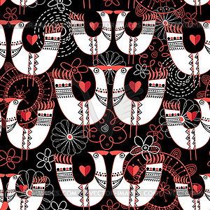 Seamless pattern with birds in love hearts - vector image