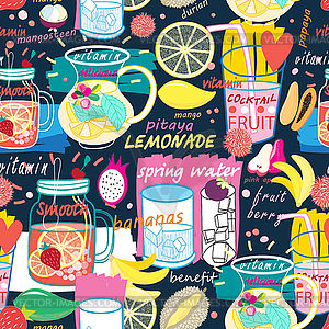 Bright pattern of various fruit drinks and fruit - vector image