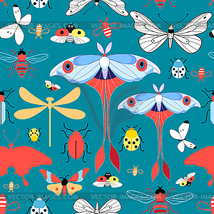 Seamless graphic pattern with different insects - vector clipart