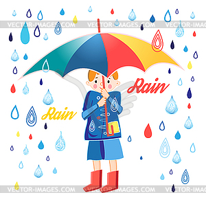 Drawing boy under an umbrella - vector clipart