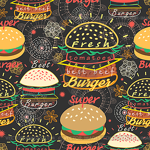 Pattern bright tasty burgers - vector clipart