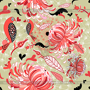 Floral pattern with birds in love - color vector clipart