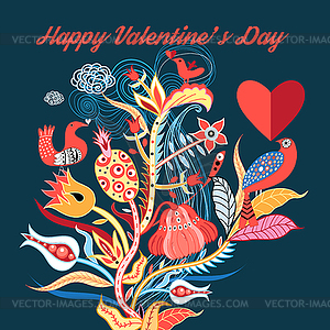 Floral background with birds in love - vector image