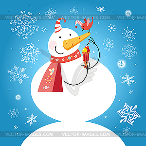 Funny snowman with bird - vector image