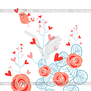 Plants with hearts and love bird - vector image