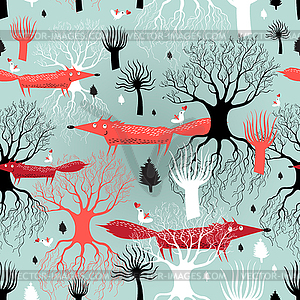 Pattern trees and foxes - vector image