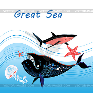 Whale and shark - vector clip art
