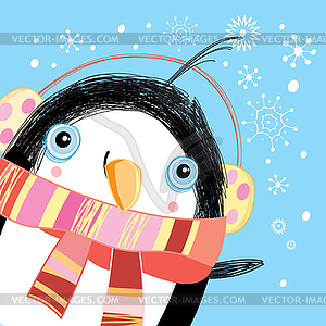 Christmas greeting card with penguin - vector image