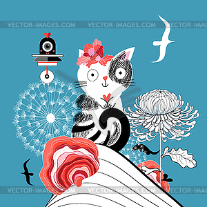 Love with kitten and flowers - vector clipart