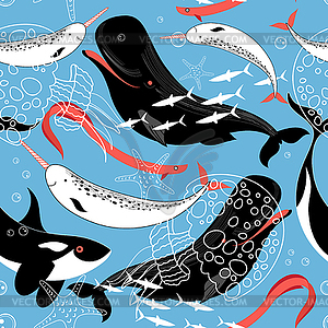 Pattern of sea whales and fish - vector clipart