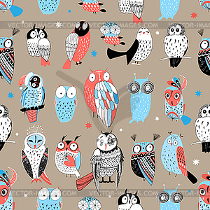 Exotic pattern with different owls - vector clipart