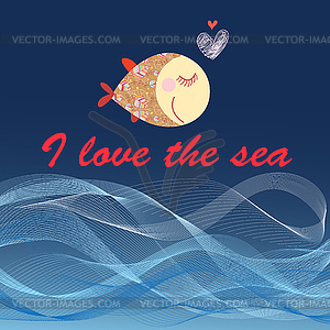 Graphic poster with fish and sea waves - vector clipart