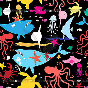 Seamless graphic pattern of marine life - vector image