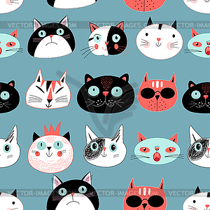 Pattern amusing portraits of cats - vector clipart / vector image