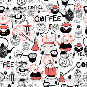 Graphic pattern with crockery for coffee and cakes - vector clip art