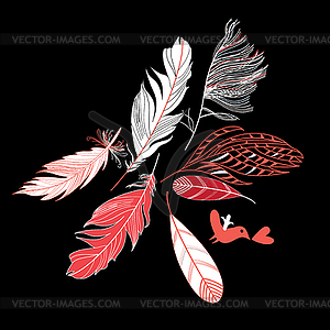 Feathers on black background - color vector clipart