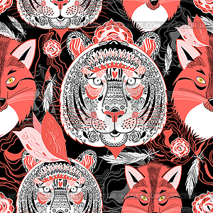 Beautiful pattern portraits of tigers and foxes - vector clipart / vector image