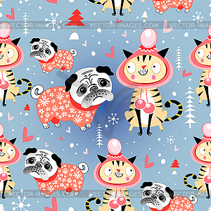 Texture in love cats and pugs winter - vector image