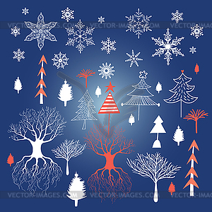 Winter forest of different trees - vector clip art