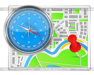 Abstract map with compass and push pin - vector clipart