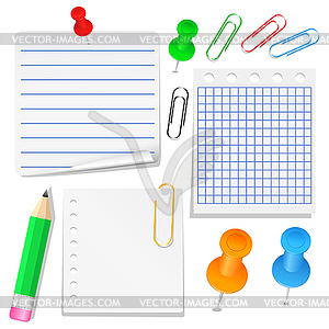 Paper, push pins and clips - vector clipart