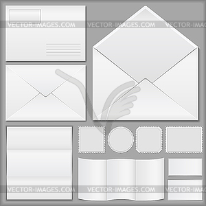 Envelopes, paper and postage stamps - vector clipart