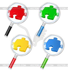 Magnifying glasses with puzzle pieces - vector clip art