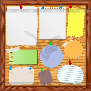 Bulletin board with old paper notes - vector image