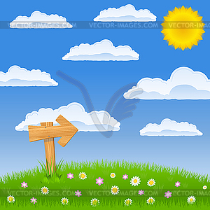 Green field with wooden arrow sign - vector clipart