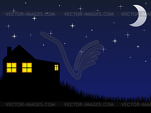 House and night sky with stars and moon - vector clip art