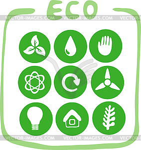 Collection of nine green eco-icons - royalty-free vector clipart