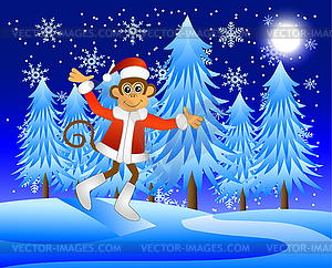 Monkey runs through winter forest - vector clipart