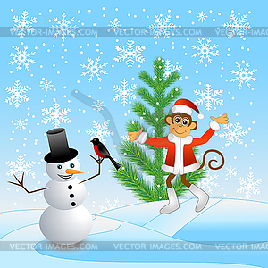 Monkey and snowman in forest - vector image