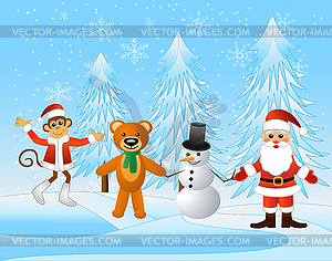 Friends in winter christmas forest - vector image
