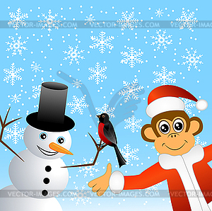 Monkey with bullfinches and snowman - vector clipart