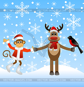 Deer with bullfinches and monkey - vector clipart / vector image