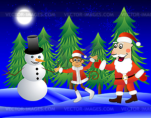 Monkey , Santa Claus and snowman on edge of forest - vector image