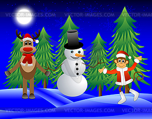 Monkey, deer and snowman on edge of forest - vector image