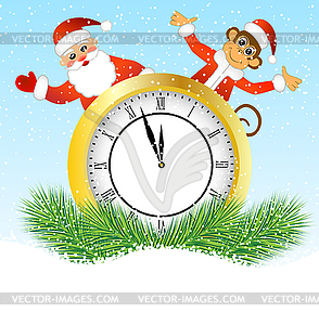 Monkey Santa Claus peeking out of clock - vector clipart