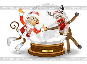 Monkey and deer looking through glass festive ball - vector image