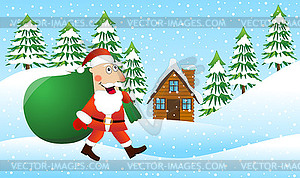 Santa Claus is coming with sack of gifts on winter - vector image