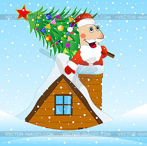 Santa Claus on roof of house with Christmas tree - vector image