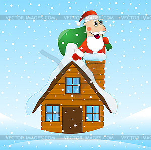 Santa Claus on roof of house with bag of gifts - vector clipart