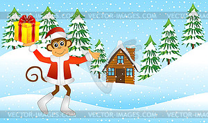 Monkey with gift in winter forest - color vector clipart