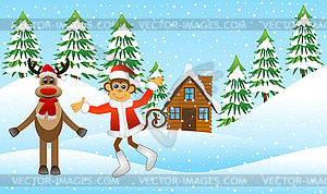 Monkey and deer in winter forest - vector clip art