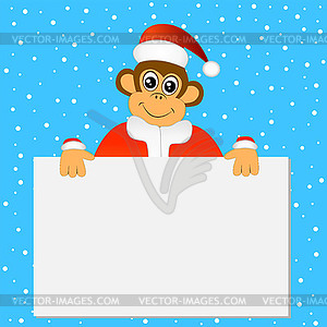 Funny monkey in Christmas hat holding blank banner - stock vector clipart