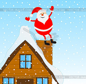 Santa Claus sitting on pipe of wooden house - vector clipart