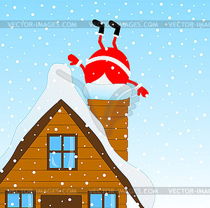Санта-Клаус восхождение трубы деревянного дома - клипарт
