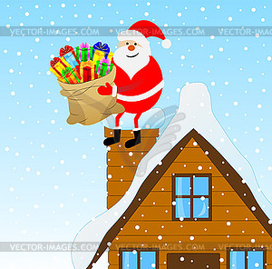 Santa Claus sitting on pipe of wooden house with ba - vector clipart