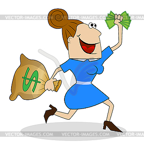 Cheerful woman flees with money in hands - vector clip art